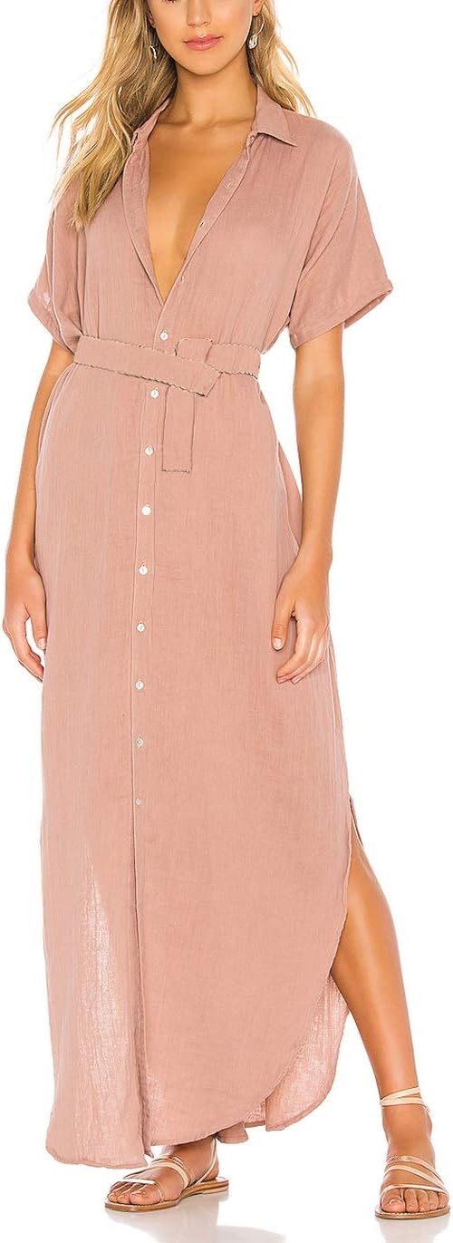 Tsher Women's Beach Dresses with Pockets Button Down V Neck Shirt Maxi Dress with Belt 0103