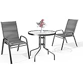 SONGBATE Large Table and 2 Chairs Set, Metal Frame - Modern Metal Textilene Patio Bistro Dining Conversation Furniture Set