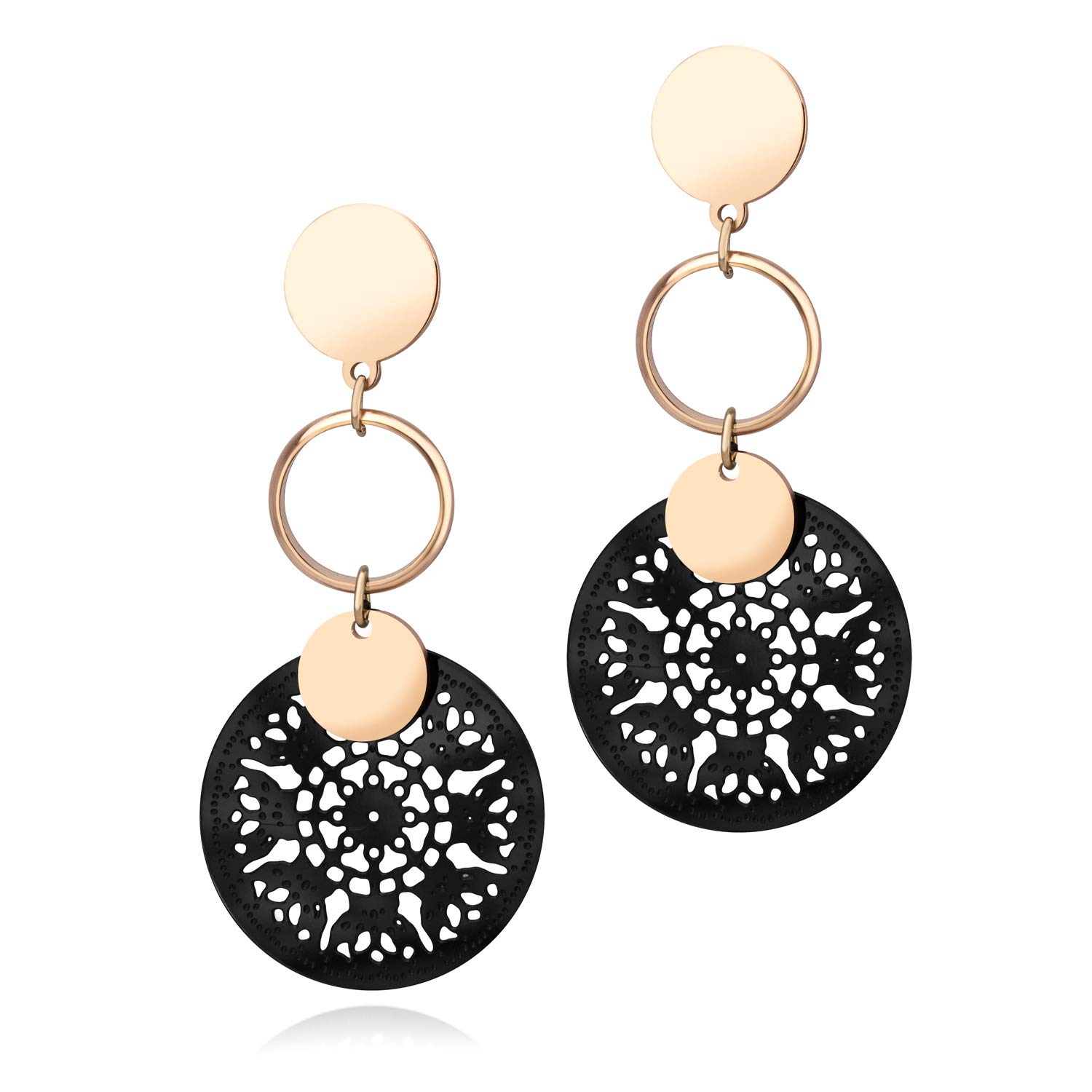 555Jewelry Stainless Steel Circle Drop Dangle Women Earrings, Filigree Earrings for Women, Chandelier Earrings, Hanging Earrings for Women Dangling Earrings for Ladies, Rose Gold/Black