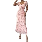 Verdusa Women's Boho Floral Long Bodycon Dresses Bow Tie Square Neck Vacation Dress
