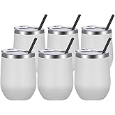 VEGOND Wine Tumblers Bulk 6 Pack, 12oz Stainless Steel Stemless Wine Glass with Lids and Straws, Double Wall Vacuum Insulated Tumbler Cup, Coffee Mug for Cold Hot Drinks