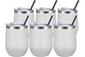 VEGOND Wine Tumblers Bulk 6 Pack, 12oz Stainless Steel Stemless Wine Glass with Lids and Straws，Double Wall Vacuum Insulated 
