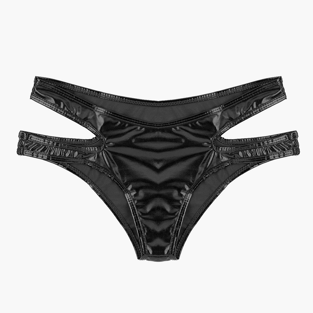 ACSUSS Women's Shiny Metallic Strappy Cutout Hipster Panties Low Rise Bikini Bottoms Black One Size: Clothing