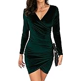 Qearal Fall Wedding Guest Dresses for Women Long Sleeve V Neck Ruched Bodycon Velvet Dress Green M