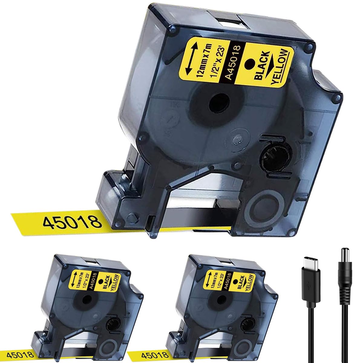 Acmerota 45018 Label Tape Replace for Dymo D1 Black on Yellow Label 12mm x 7m 45018 A45018 Tape for Dymo LabelManager 100 150 160 250 280 210D 360D 260P 420P 450D 500TS