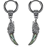 MEDWISE Black Hoop Earrings for Men 925 Sterling Silver Celtic Wolf Earrings Huggie Men's Hanging Abalone Shell Jewelry Gift for Women Men Husband Brother Unisex Birthday Christmas Gifts