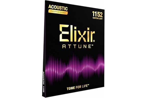Elixir Strings, ATTUNE Acoustic Guitar Strings, Phosphor Bronze, Longest-Lasting Crisp and Clear Tone with Natural Feel, 6 String Set, Custom Light 11-52
