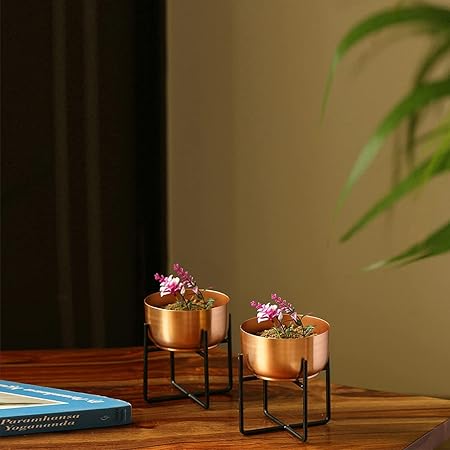 ExclusiveLane Copper Bowls Table Planters & Pot for Living Room with Iron Crossed Stands (5.2 Inch, Small, Set of 2)- Indoor Decorative Planter Outdoor Plant Containers Balcony Decoration Garden D