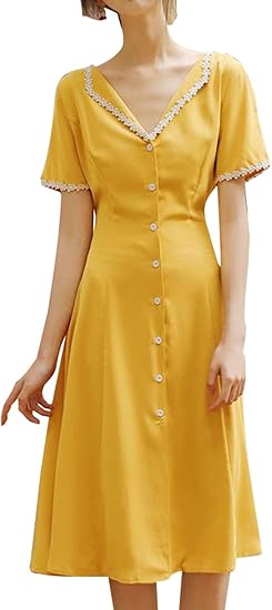 Amazon ジンニュウ レディース ワンピース イエロー Vネック 森ガール系 半袖 スリム きれいめ ハイウェスト Aライン ロング ワンピース カジュアル シンプル おしゃれ 夏 ファッション ワンピース チュニック 通販