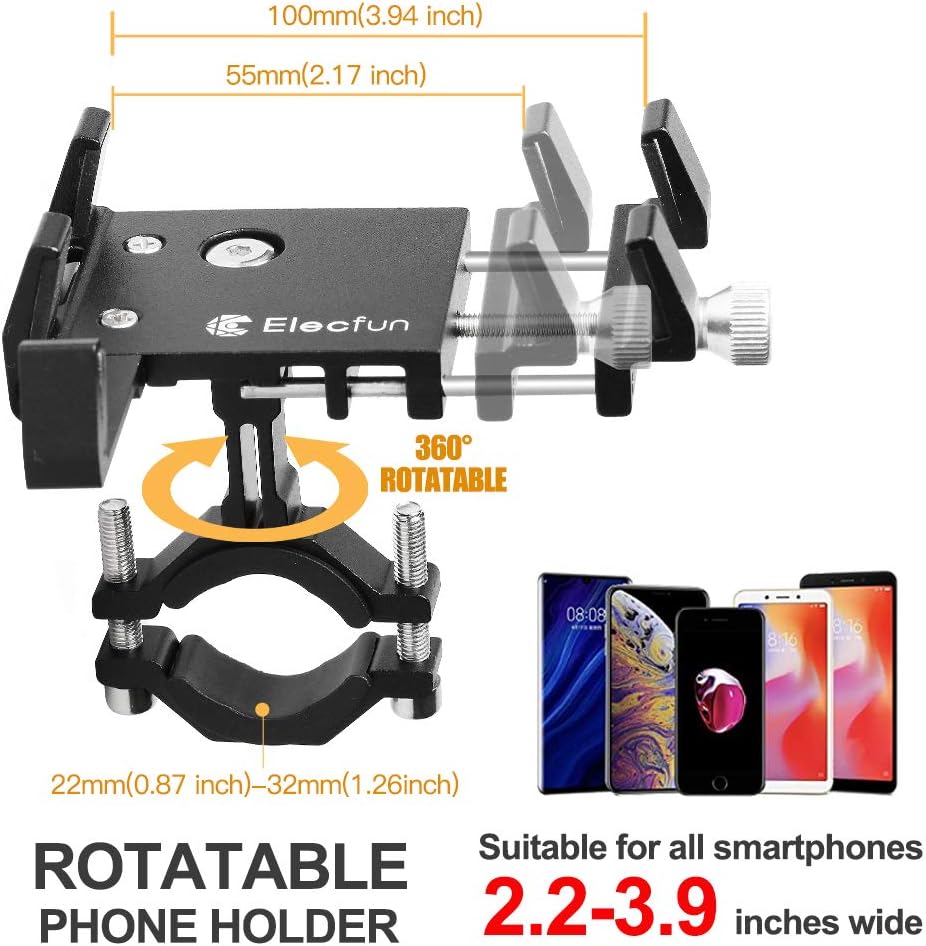 ELECFUN Bike Phone Mount Motorcycle Premium Aluminum Bicycle Phone Holder, 360° Rotatable, Fits iPhone 11 Pro Max X XR Xs 7s 8 Plus Samsung S20 S7/S6/Note 10/9/8, Fit Any 2.2"-3.9" Wide Phones, Black