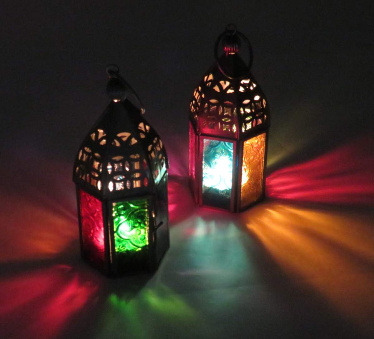 Purity Set of 2 Moroccan Style Mini Lantern Tealight holders with multi-coloured glass, Orange,blue,green,turquoise,red,purple - Image 3