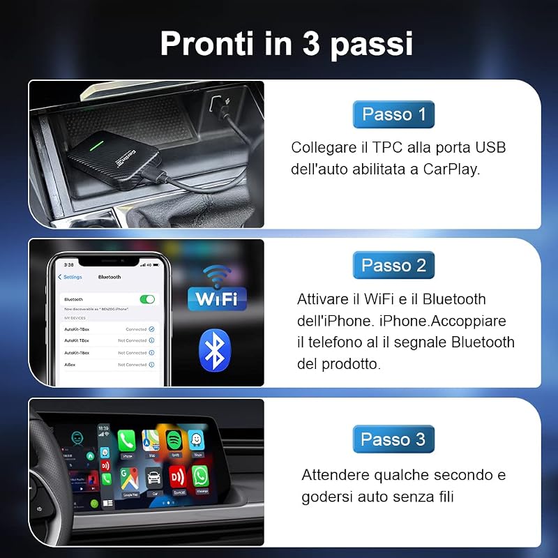 3.0 Wireless CarPlay Adattatore, senza fili AppleCarPlay Dongle iphone, Aggiornamento online, per auto con funzione CarPlay cablata di fabbrica, online messaggi/musica/mappe...