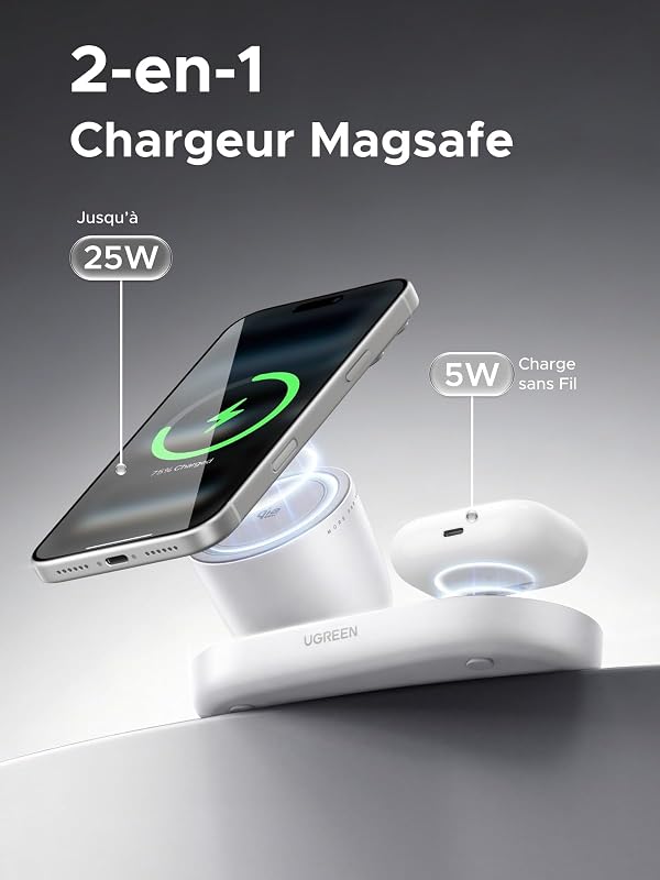 Zapix Qi2 25W Chargeur Induction iPhone 2 en 1 MagSafe (Blanc)