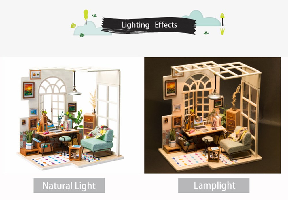 ROBOTIME Miniature Dollhouse Kit Decorations with Lights and Furnitures DIY House Craft Kits (SOHO TIME)