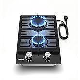 TOPWISH 12 Inch Gas Cooktop 2 Burner, Propane Stove Top 18,000 BTU Black Tempered Glass LPG/NG Convertible Dual Fuel Built-in Natural Hob with Thermocouple Protection for Rvs Kitchens Apartment Indoor