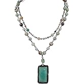 MINACHI Boho Layered Necklace with Green Aventurine-Toned Pendant, Handmade Beaded Chain Jewelry, Vintage Hippie Necklace for Women