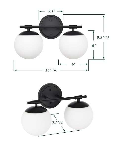 NTSUNXEKO BLACK BATHROOM VANITY LIGHT FIXTURES, 2 LIGHT GLOBE WALL SCONCE LIGHTING OVER MIRROR, MODERN VANITY LIGHTS FOR BATHROOM, MIRROR CABINETS HALLWAY STAIRS, STANDARD E26 BASE, MATTE BLACK