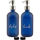 Cornucopia Brands 16oz Hands Dishes Pump Bottles (Blue, Set of 2); Frosted Blue Pump Dispensers for Kitchen and Home