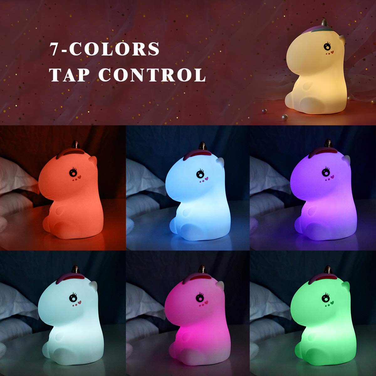 Unicorno Luce Notturna LED per Bambini, Sunvito Cute Lampada USB Ricaricabile in Silicone, Controllo Touch, Luce Calda Dimmerabile e 7-Colore Regolabile (Bianco)