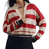 VAOYIU Women's Striped Knit Pullover Sweater Oversized V Neck Long Sleeve Top with Ribbed Hem and Cuffs for Fall Winter
