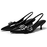 Coutgo Womens Slingback Kitten Heels Closed Pointed Toe Pumps Studded Buckle Strap Party Dress Shoes