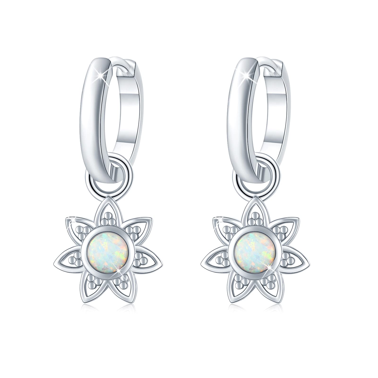 Flower Huggie Earrings 925 Sterling Silver Opal Hoops Earrings for Women Opal Flower Jewellery Drop Earrings Gifts for Girls Kids… (opal earring)