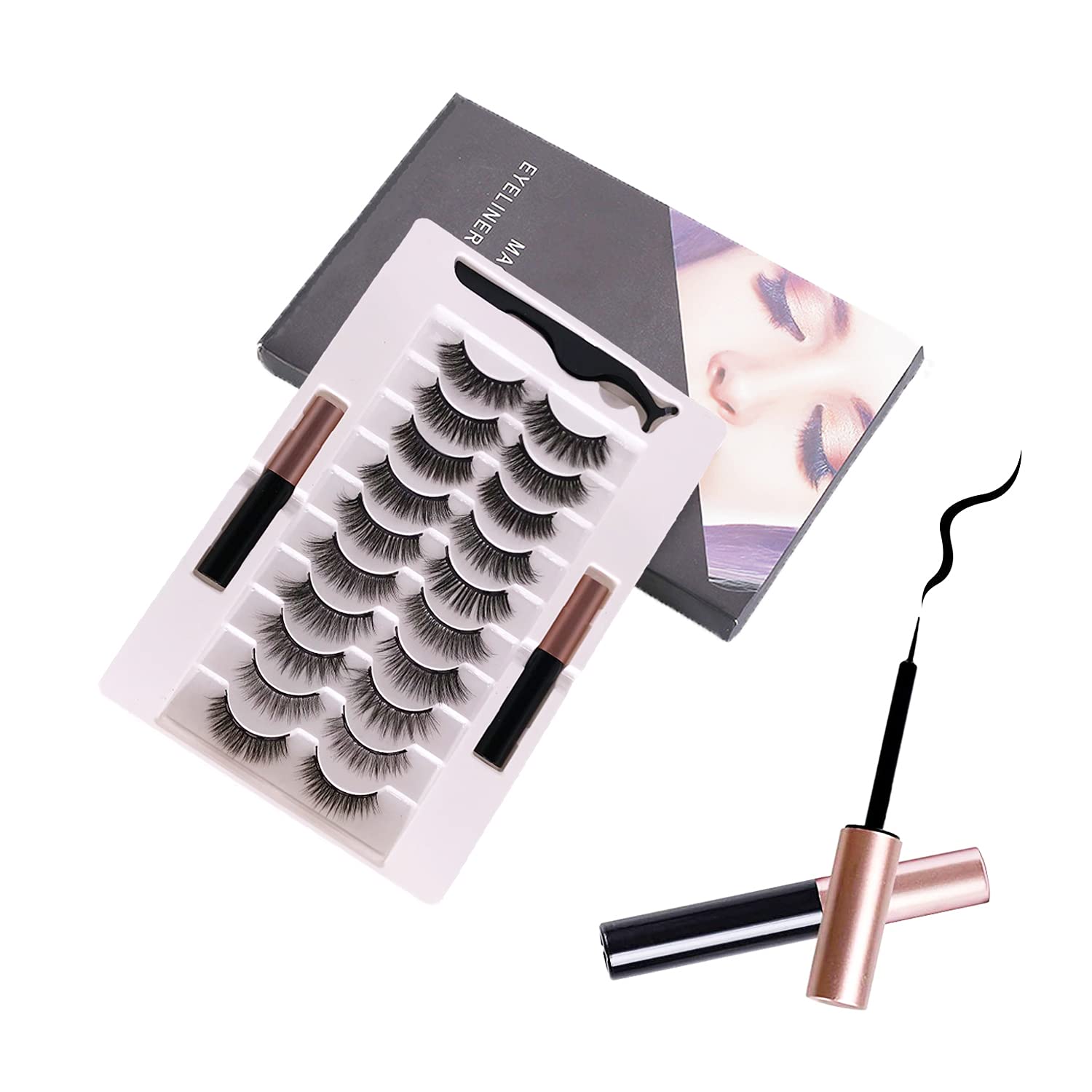 10 Pairs Magnetic Eyelashes with Eyeliner Kit, Reusable 3D False Eyelashes, Glue-free Natural Look False EyeLashes, Upgraded Waterproof Magnetic Eyeliner with Tweezers, Gifts for Her