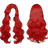 COSPLAZA Red Mermaid Long Wavy Curly Body Wave Wig Halloween Cosplay Costume Wigs for Women Side Parted with Bangs