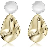 Gold Plated Teardrop Statement Dangle Earrings Hammered Drop Dangle Earrings for Women Chunky Drop Dangle Earrings Trendy Geometric Statement Earring Lightweight Ripple Stud Jewelry Gift