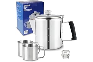 APOXCON Multi Use 6 Cup Coffee Pot Bundle Coffee Percolator with 2 Mugs Stainless Steel Coffee Maker with Two Heat Resistant Tough Borosilicate Glass Knob Fireproof Silica Handle Using on any Stovetop