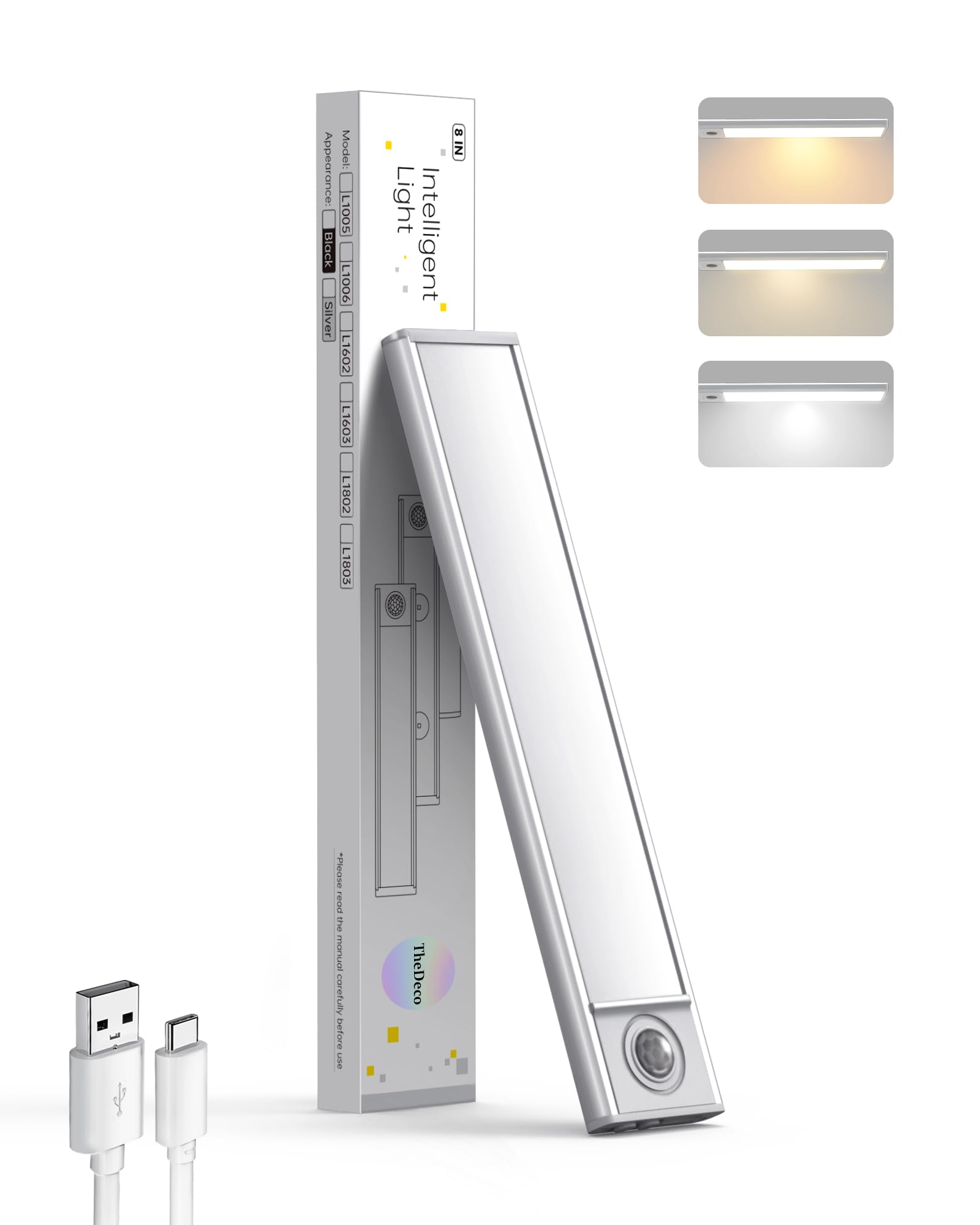 Photo 1 of TheDeco 8 inch Under Cabinet Lighting, 34-LED 3CCT Dimmable Under Counter Lights, 1 Pack Stick-On Motion Sensor Closet Lighting, Wireless 1500mAh Rechargeable Battery Light for Kitchen, Stairs