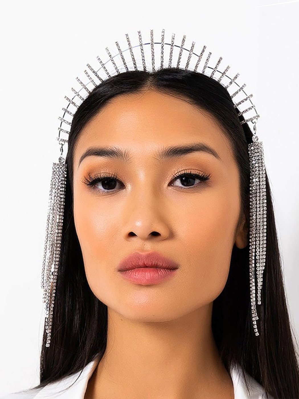 IYOU Mary Halo Crown Headband Gold Sparkly Rhinestone Goddess Headpiece Tassel Wedding Party Costume Hair Tiara Headwear for Women(Silver) — image 1