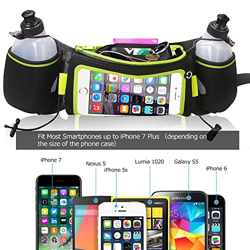 iRainy Neoprene Water-Proof Hydration Running Belt W Touchscreen Zipper Pockets Fitness Workout Belt with Two 12oz BPA-Free Leak-Proof Water Bottles Belt Fits All Smartphones (Green)