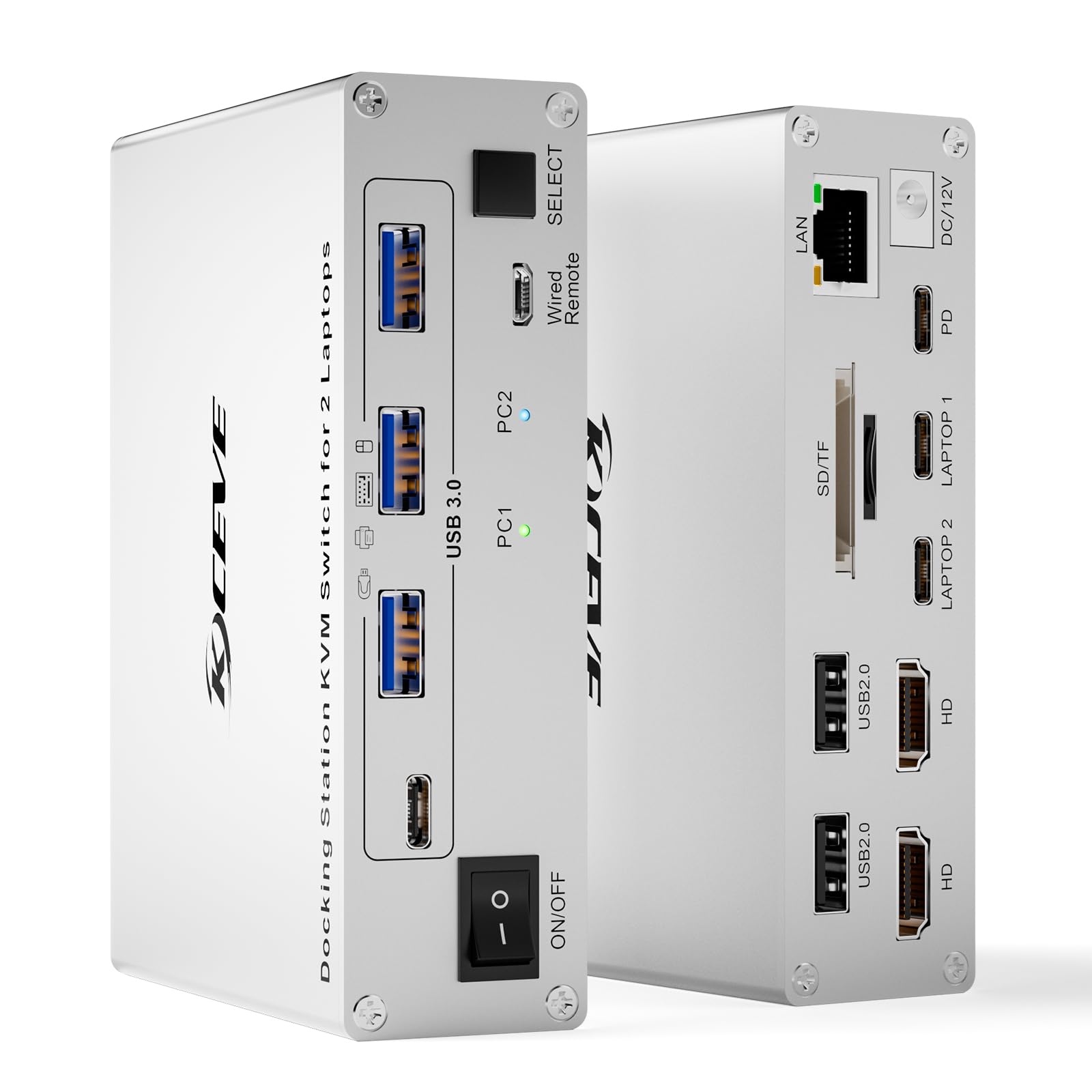 Photo 1 of KCEVE 15-in-1 USB C Docking Station KVM Switch, USB 3.0 KVM Switch 2 Laptops 2 Monitors 4K@60Hz, 2 USB-C MST Port, Dual HDMI Out, 80W PD, 5Gbps, Gigabit Ethernet, TF/SD Card, Wired Remote