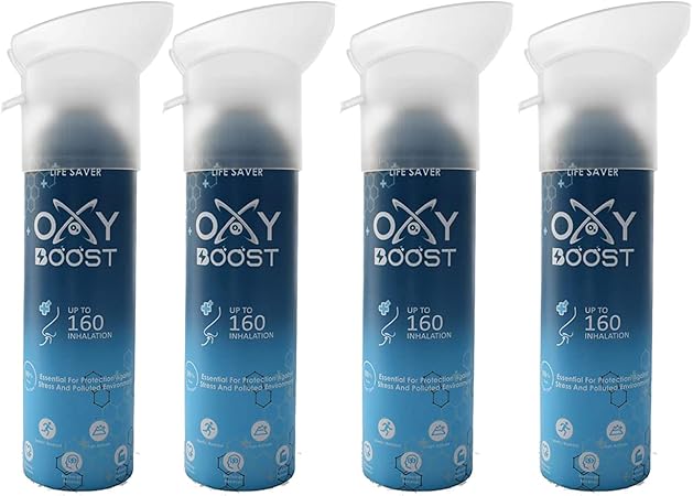 OXY BOOST Natural Portable Oxygen Cylinder Cane with Inbuilt Mask, (9 Litre) (160 Breaths Approx.) Pack of 4
