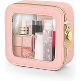 Soimeat Clear Makeup Bag, Portable Travel Cosmetic Bags, Multipurpose Leather Toiletry Bag with Zipper, Waterproof Transparent Cosmetic Organizer for Women, Mini, Pink
