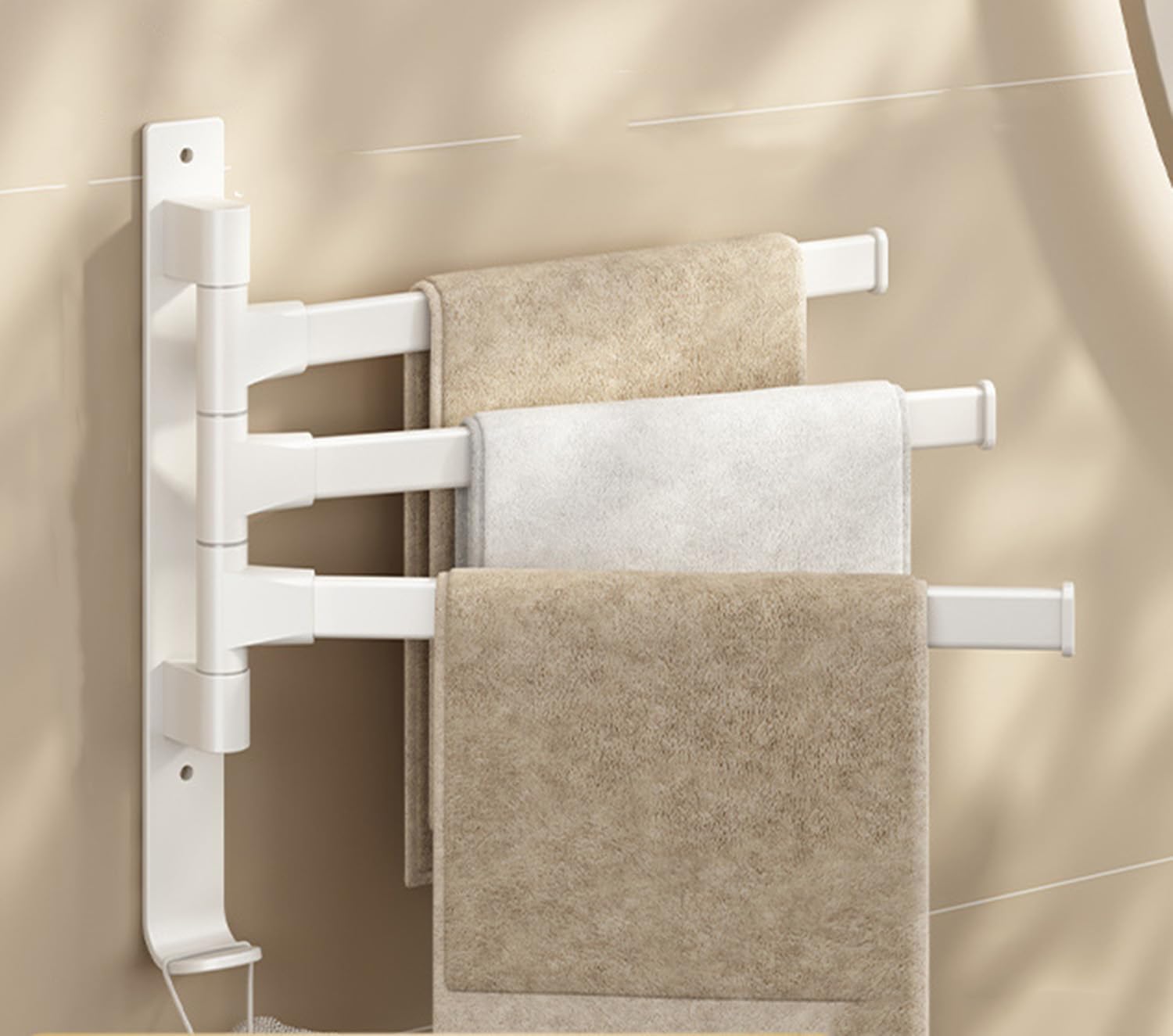 Photo 1 of 3 Arms Swivel Towel Rack Thicken Towel Holder with Hook Space Saving Towel Bar Wall Mount Swivel Towel Racks for Bathroom Kitchen-Beige