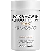 Codeage Hair Growth + Smooth Skin Max Vitamins Supplement - Patented Lustriva & SOD B Dimpless Superoxide Dismutase - Hair Growth Health Skin Cellulite Support - Biotin, Vitamin C, MSM - 30 Capsules