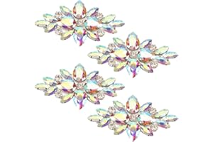 FINGERINSPIRE 4 Pcs Flower Rhinestone Applique 3.39x1.65" Iron on Rhinestone Patch AB Color Sew on Crystal Appliques Floral Wedding Hotfix Rhinestone Patches for Wedding Bridal Dress Clothes Decor