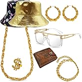 SQPO 80s 90s Hip Hop Costume Set Rapper Bucket Hat Accessories Retro Gold Chain Big Hoops Jewelry Unisex