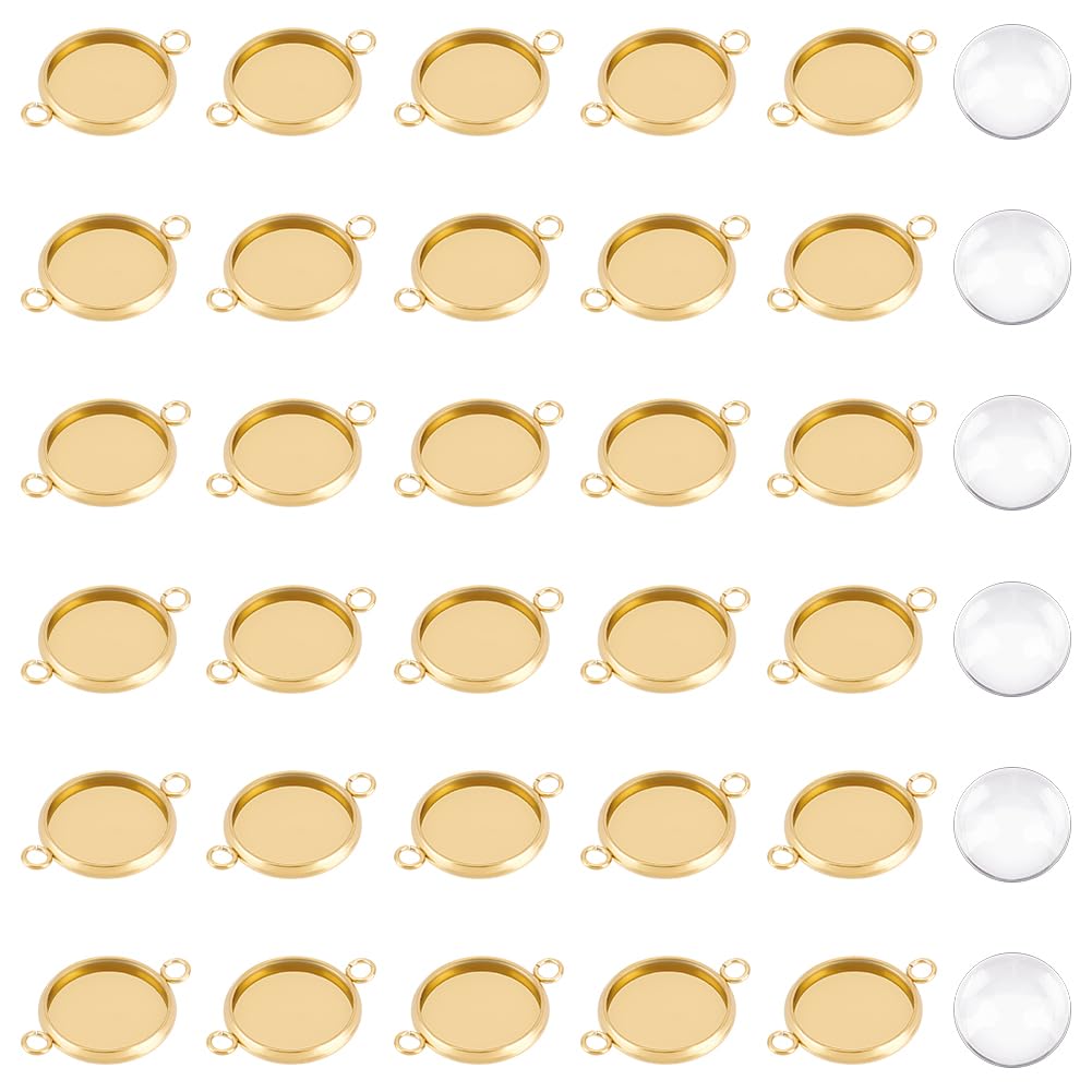 UNICRAFTALE 30 Sets 12mm Stainless Steel Blank Links with Cabochons Cabochon Connector Setting Pendant Bezel Trays Golden Trays Blank for Cabochon Jewelry Making 2mm Hole
