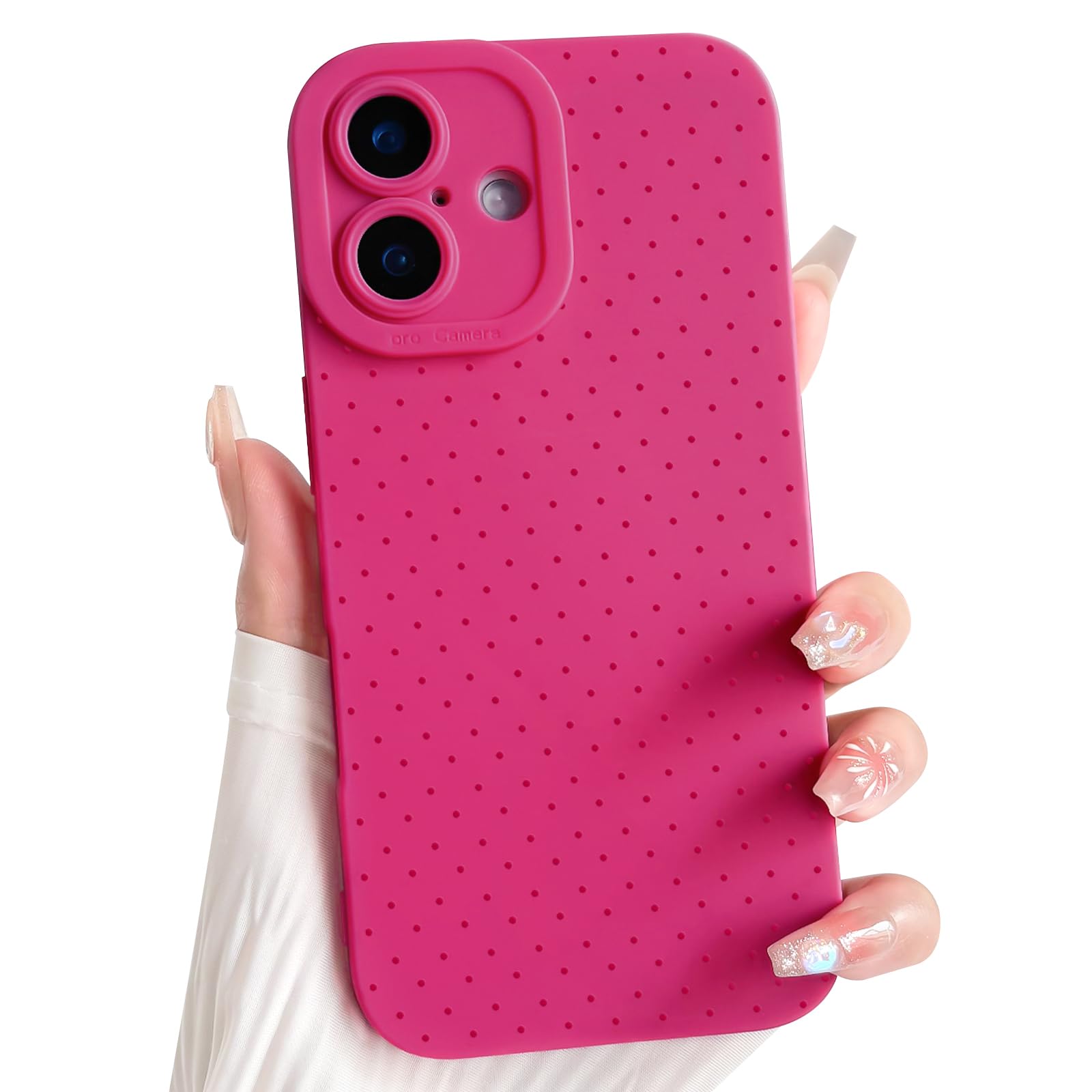 NITITOP Compatible with iPhone 16 Case Cute Aesthetic Little Polka Dots Pattern Design for Women Men Girls Soft TPU Shockproof Stylish Full Camera Protective Phone Cover - Rose Red