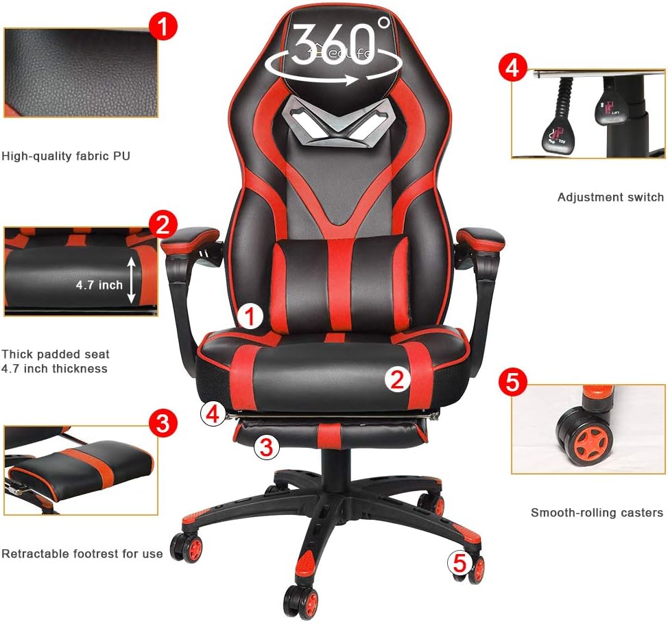 Computer Gaming Chairs Office Chair Video Game Chair Gaming Chair Racing Style High Back Pu Leather Pc Racing Computer Desk Office Swivel Recliner With Retractable Footrest And Adjustable Lumbar Cushion Support Blue Home