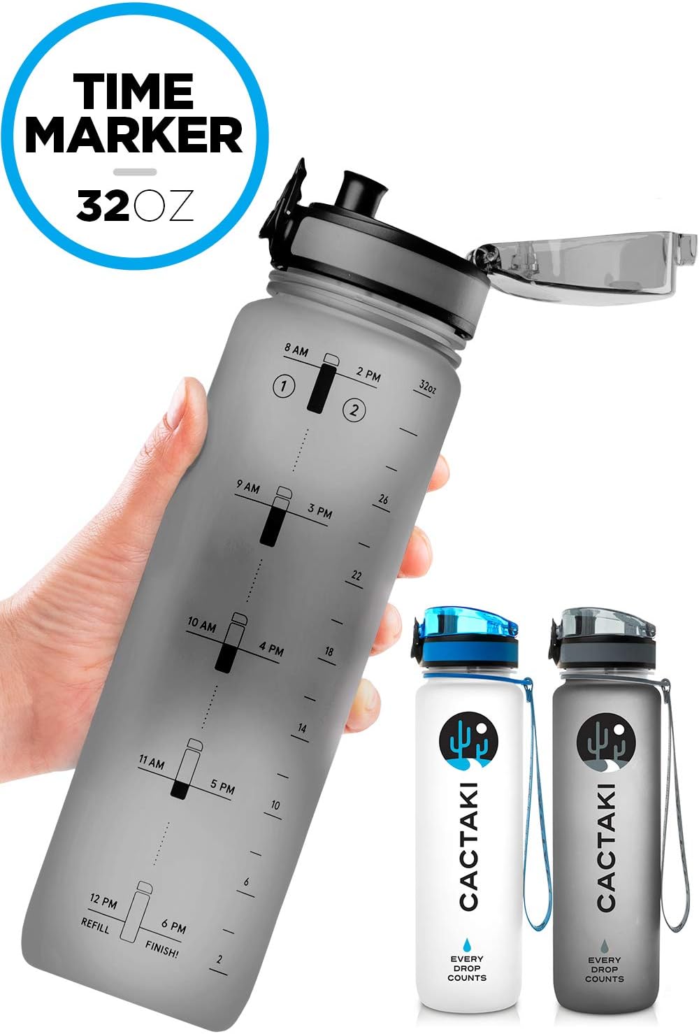 Cactaki 32oz Water Bottle With Time Marker, BPA Free Water Bottle, Non-Toxic, Leakproof, Durable, For Fitness And Outdoor Enthusiasts
