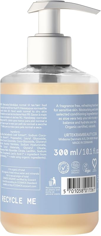 Sabonete de Mãos Sem Perfume 300 ml – Sabonete Líquido Suave para Peles Sensíveis, com Aloe Vera, Ácido Hialurónico e Glicerina, Certificado COSMOS Organic, Vegan, Fabricado na Dinamarca
