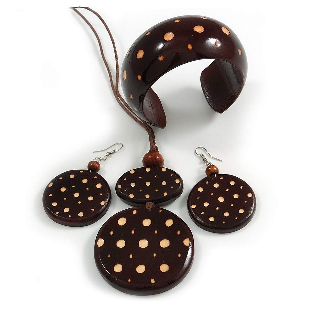 Avalaya Long Brown Cord Wooden Pendant with Dotted Motif, Drop Earrings and Cuff Bangle Set in Brown - 76cm L/Medium Size Bangle