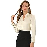 Allegra K Women's Satin Blouse Button Up V Neck Ruffled Collar Long Sleeve Formal Shirts