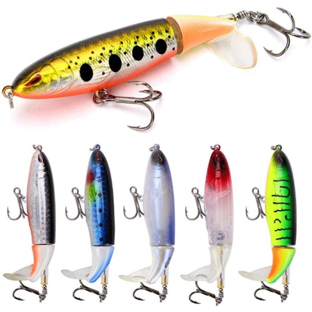 Hosuho 6Pcs Topwater Fishing Lure Set - Plastic Whopper Plopper Floating Rotating Tail Fishing Lure Hard Bait Hook for Freshwater Saltwater