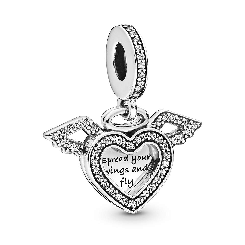 FGT Love Heart Angel Wing Dangle Charm fits Pandora Moments Bracelets Sterling Silver Family Birthday Valentine