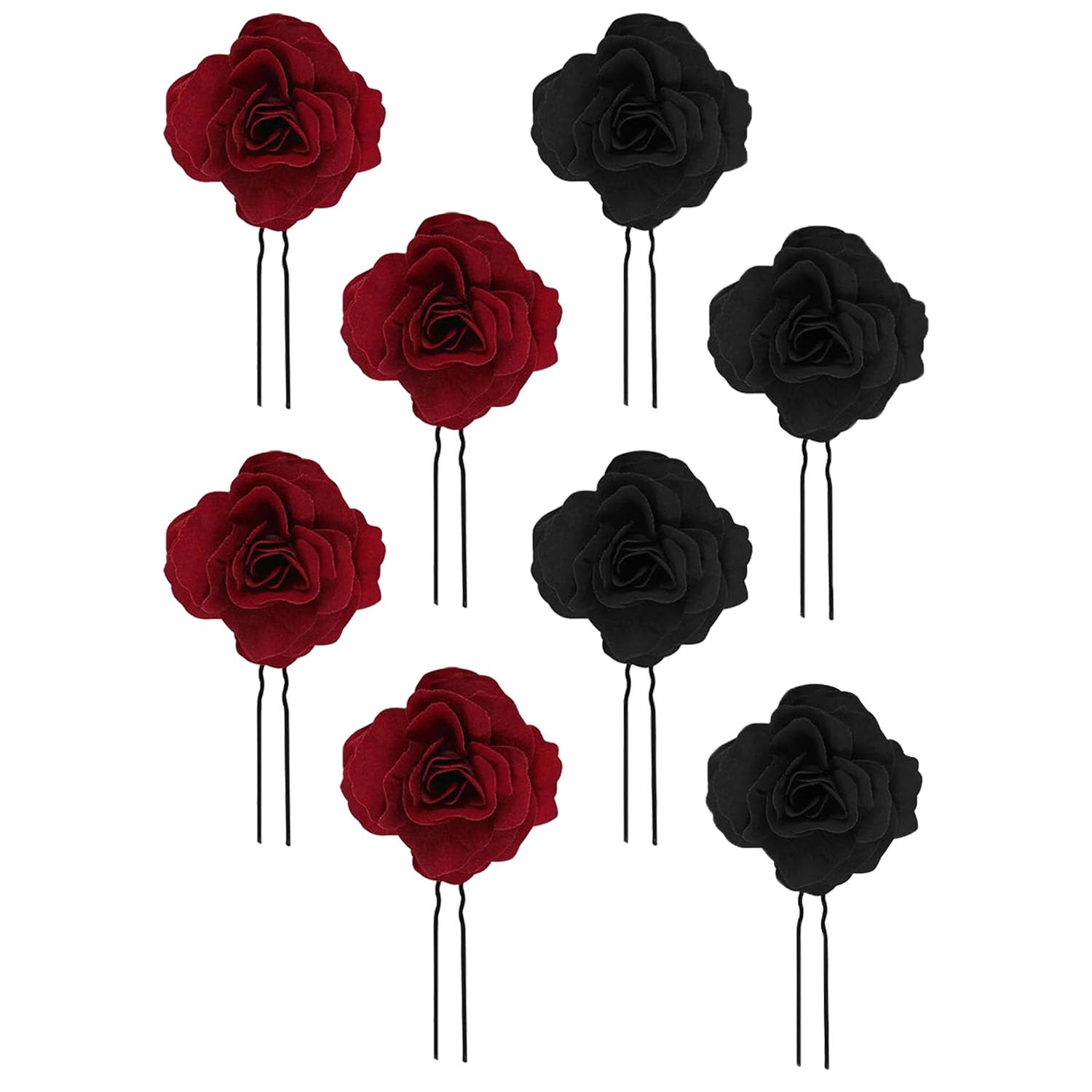 8 Pieces Red Rose Flower Accessories – Handmade Burgundy & Black Wedding Hairpins, Perfect for Parties, Dances, and Special Occasions, Elegant and Stylish Design